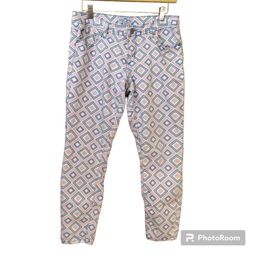 Almost Famous Pink & Blue Diamond Geo Low Rise Jeans Jr Sz 11